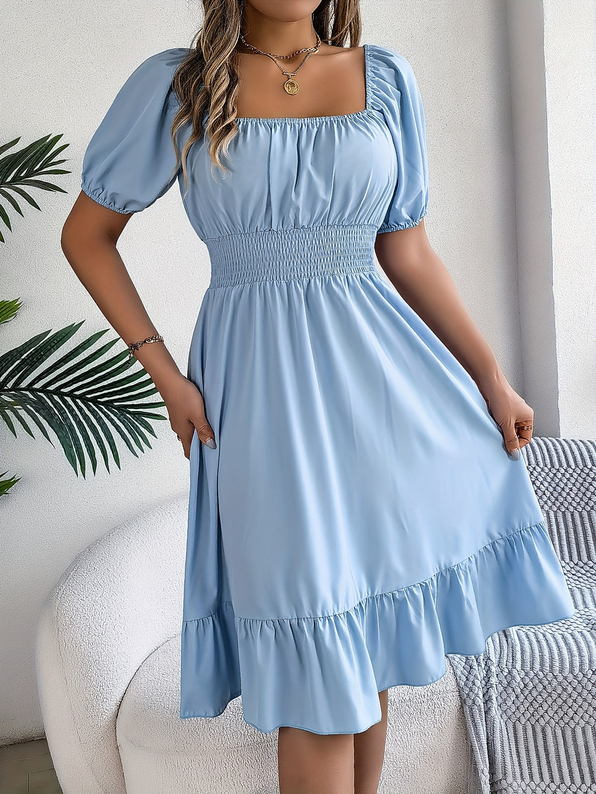 Women's Square Neck Puff Sleeve A-Line Dress Spring Summer Fit Flare Casual Sky Blue S-XL Polyester Elastane