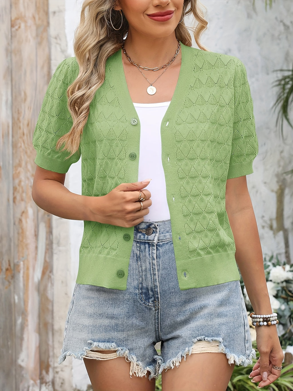 Women's Cropped Crochet Cardigan Puff Sleeve Linen Blend Sheer Lace Knit Short Top Breathable Lightweight Spring Summer Boho Fashion