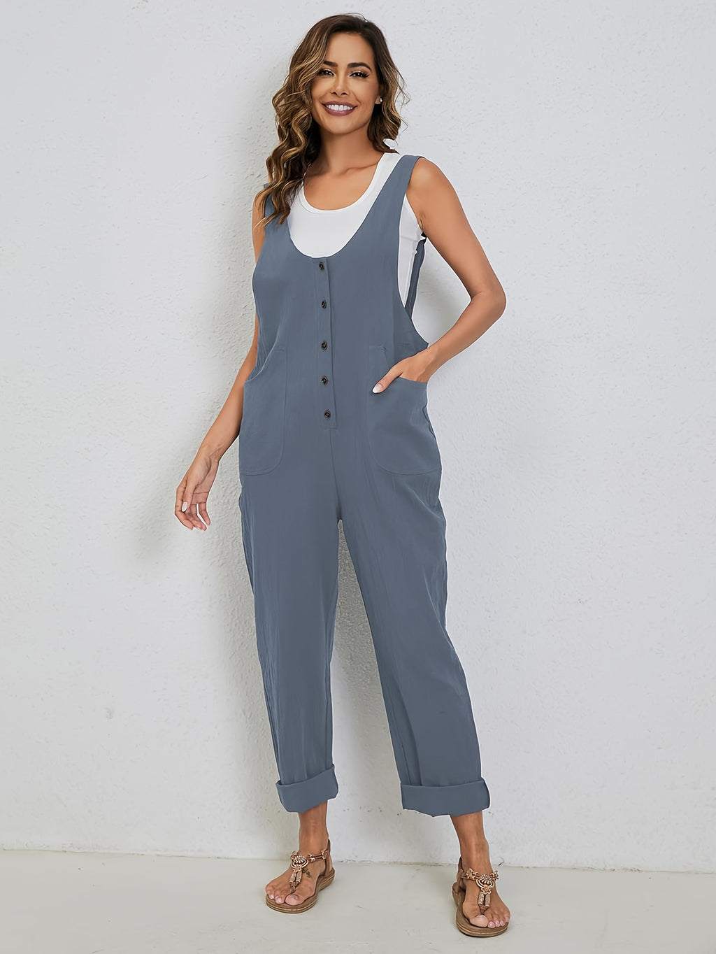 Linen Jumpsuit Women Wide Leg Casual Loose Overalls with Pockets Sleeveless Adjustable Strap Summer Palazzo Pants Romper Beige Black XS-XXL