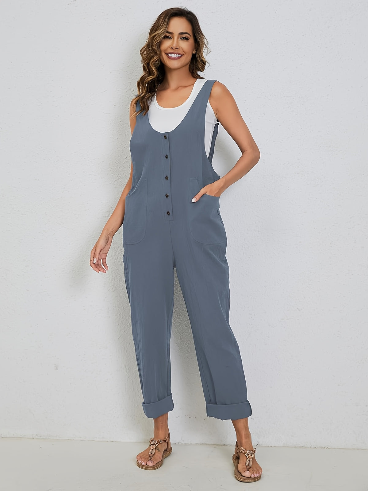Linen Jumpsuit Women Wide Leg Casual Loose Overalls with Pockets Sleeveless Adjustable Strap Summer Palazzo Pants Romper Beige Black XS-XXL