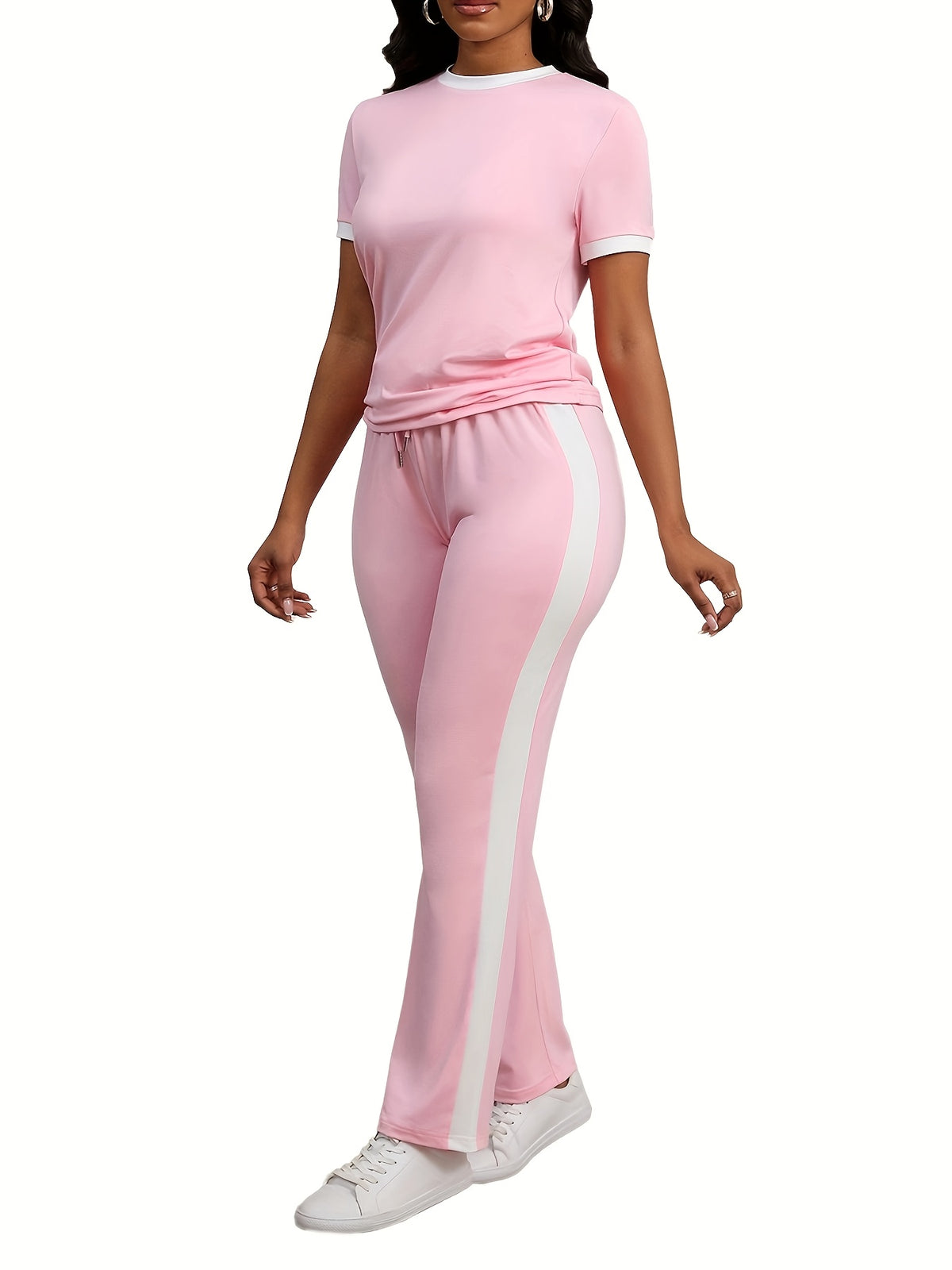 Women Colorblock 2 Piece Tracksuit Set Short Sleeve Crew Neck Top Striped Sweatpants Casual Lounge Jogger Matching Outfit for Workout Everyday Wear