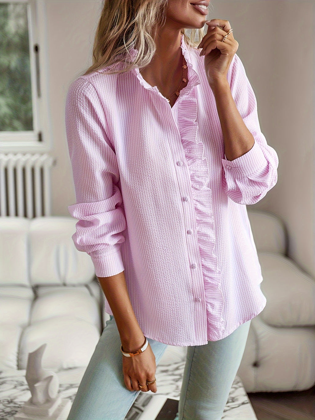 Women's Ruffle Button Lace Long Sleeve Blouse Shirt Collar Solid Color Machine Washable All Season Casual Formal Top
