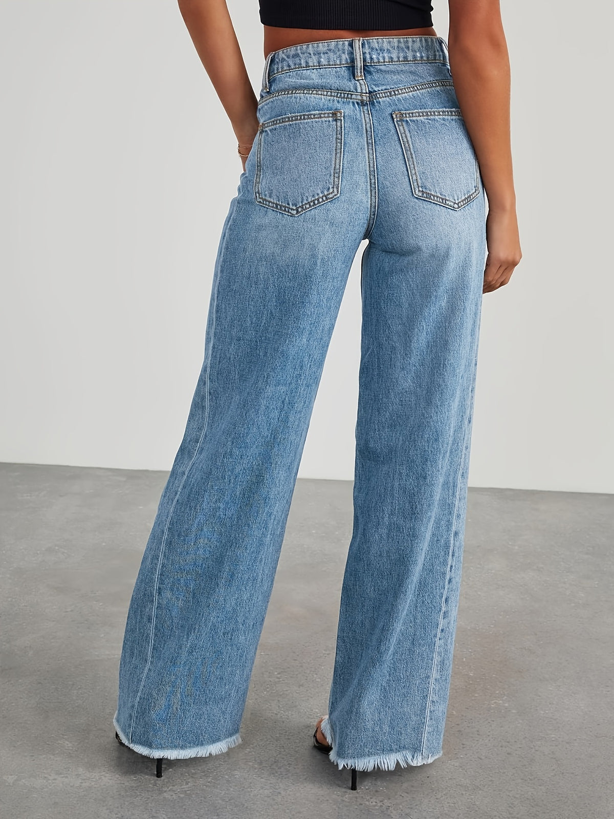 High-Waisted Wide Leg Jeans for Women - Casual Baggy Stretch Denim Pants with Pockets, Relaxed Fit Solid Color Trousers for Everyday & Weekend Wear