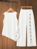 2pcs Sleeveless Top & Pants Set Women Solid Color Round Neck Elegant Casual Matching Outfit Spring Summer Vacation S-XXL
