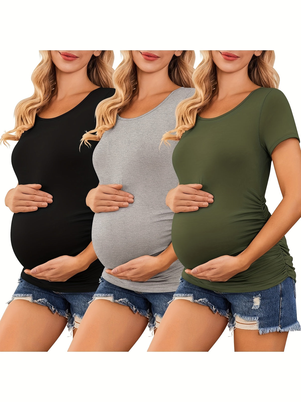 Maternity Shirts 3 Pack Women Side Ruched Pregnancy Tee Tops Tunic Blouse Casual Comfortable Mama Clothes