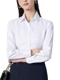 Square Collar Button-Front White Shirt for Women – Classic Long Sleeve Office Blouse in Soft Polyester Elastane, Professional Work Attire All-Season Top