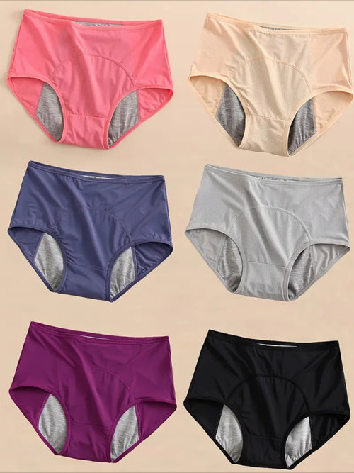 6 Pack Plus Size Leakproof Period Panties Women High Waist Tummy Control Stretch Nylon Blend Solid Color Underwear