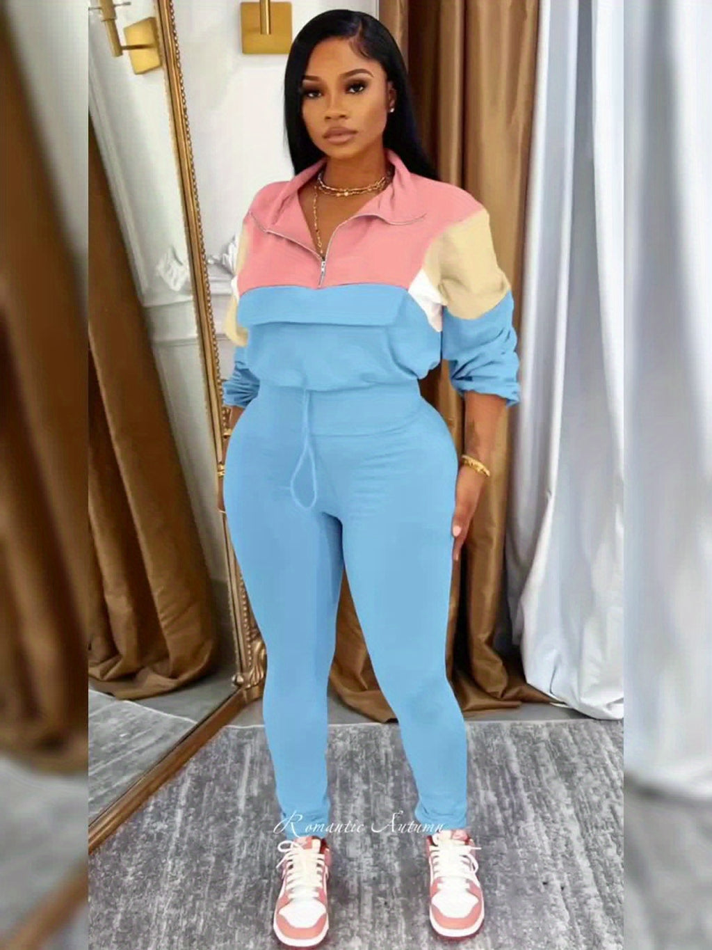 Lapel Crew Neck Sweatsuit Set for Women – Half-Zip Long Sleeve Sweatshirt & Sweatpants 2-Piece Casual Outfit, Solid Color Fall Winter Loungewear