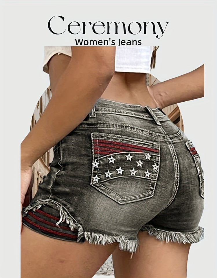 Women Star Striped American Flag Stretch Denim Shorts Patriotic Print Casual Summer Jean Shorts Grey XL