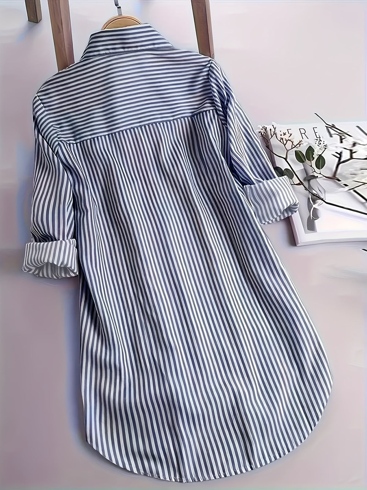 Striped Long Sleeve Shirt Women Loose Fit Woven Casual Blouse Spring Fall Top 2 Colors S-XXL