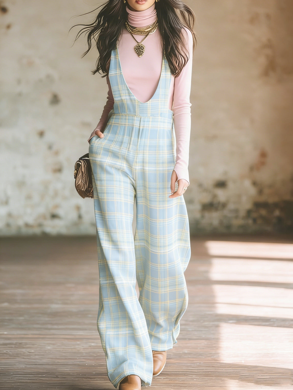 Plaid Wide Leg Jumpsuit Women Deep V Sleeveless Retro Tartan Overalls Pockets Boho Casual Fall Winter Daily Weekend