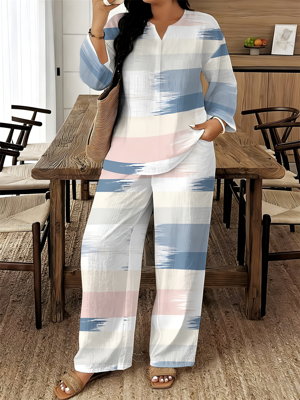 V-Neck Long Sleeve Printed Shirt Pants 2pcs Set Women Floral Digital Print Elastic Waist Casual Loungewear Spring Summer Two-Piece Outfit 15 Colors S-XXL