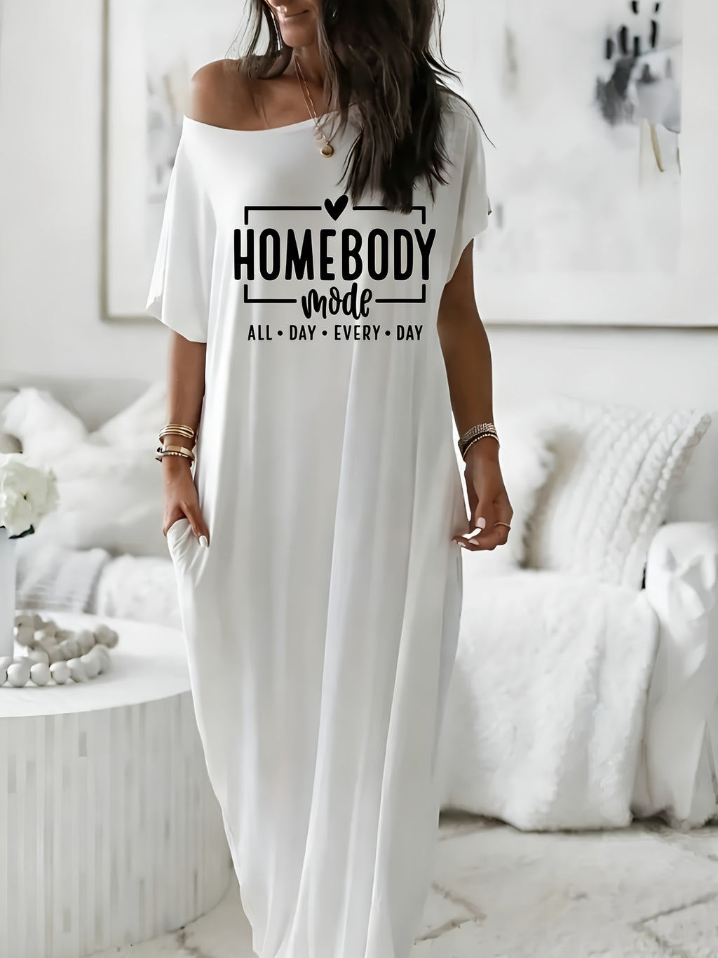 Women's Homebody Graphic Print Off-Shoulder Maxi Dress Short Sleeve Casual Lounge Dress Spring Summer Gift