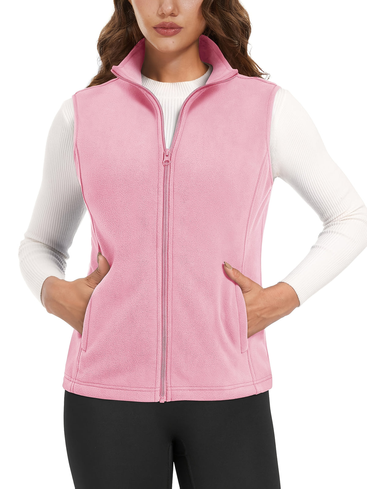 Women's Fleece Zip Vest Lightweight Warm Sleeveless Jacket Stand Collar 4 Pockets Windproof Outdoor Vest S-XXL