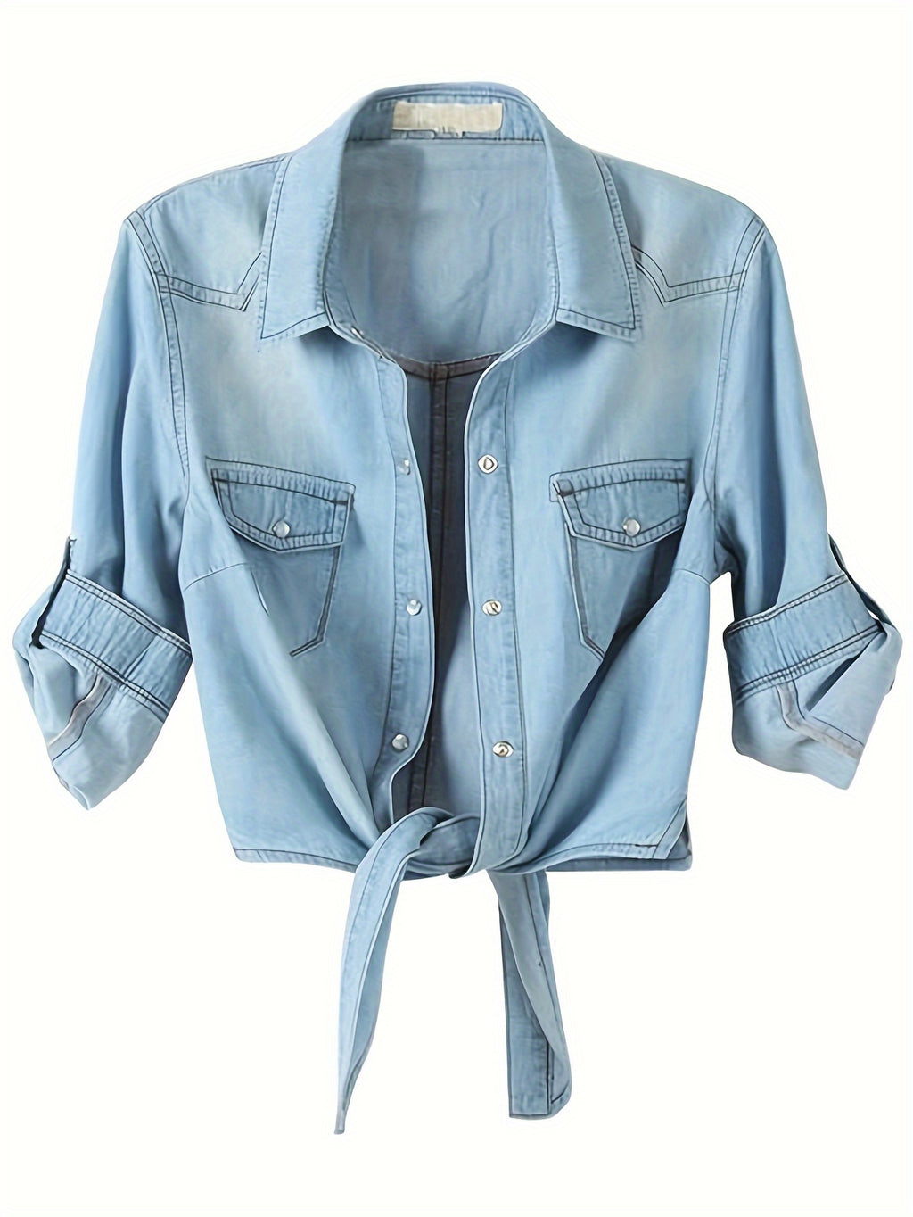 Women's Roll-Up 3/4 Sleeve Tie Front Knot Shirt Chambray Denim Crop Top Button Detail White Blue XS-XXL