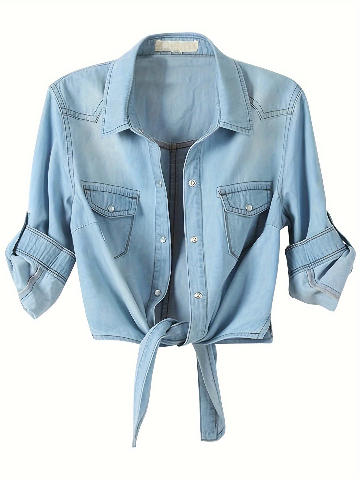 Women's Roll-Up 3/4 Sleeve Tie Front Knot Shirt Chambray Denim Crop Top Button Detail White Blue XS-XXL