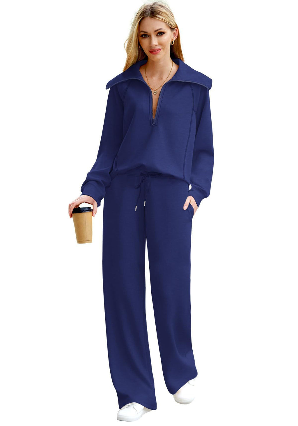 Zipper Sweatshirt Wide-Leg Pants 2 Piece Set Women Casual Tracksuit Outfit for Spring Fall - Loose Fit Jogger Co-ord Set