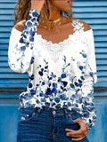 Plant Print Off Shoulder Lace Trim Top Women Long Sleeve Stretch Knit Casual Botanical Floral Spring Fall