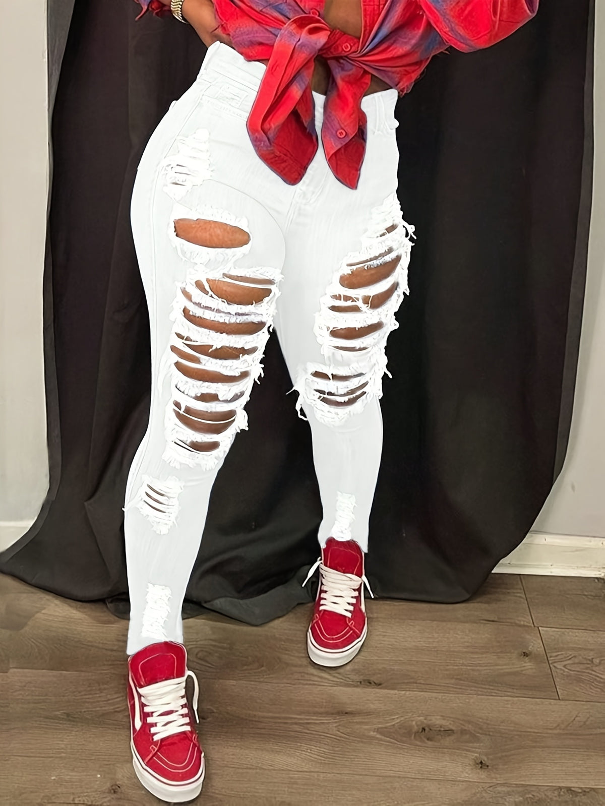 Distressed High Waist Jeans for Women Ripped Torn Frayed Elastic Denim Pants Skinny Fit Casual Streetwear Medium Dark Light Blue Grey White S-XXL