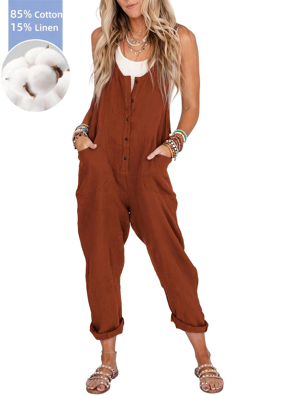 Linen Overalls Women Loose Casual Backless Jumpsuit with Pockets Sleeveless Scoop Neck Spring Summer Fall Multi Colors XS-XXL