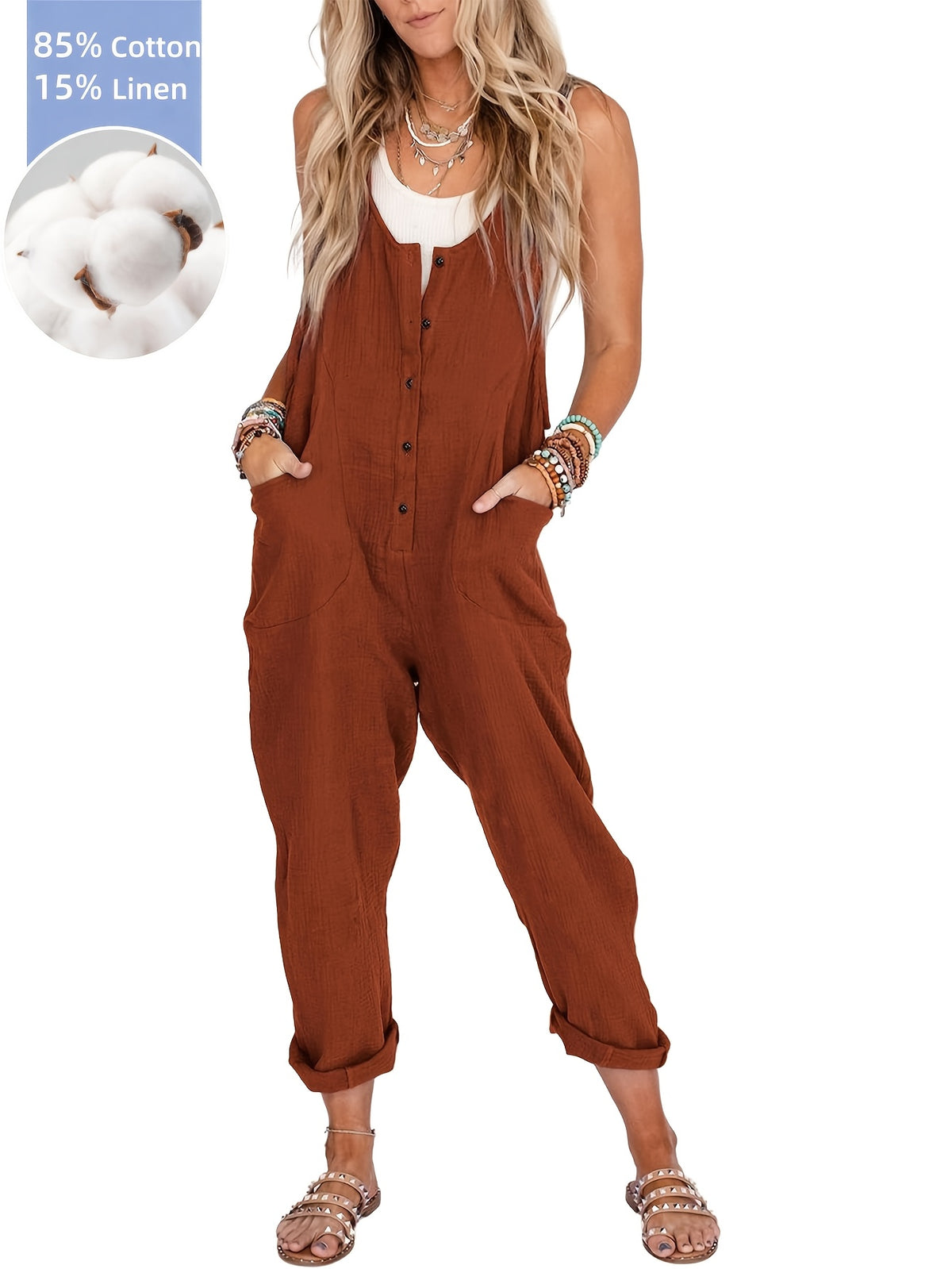 Linen Overalls Women Loose Casual Backless Jumpsuit with Pockets Sleeveless Scoop Neck Spring Summer Fall Multi Colors XS-XXL