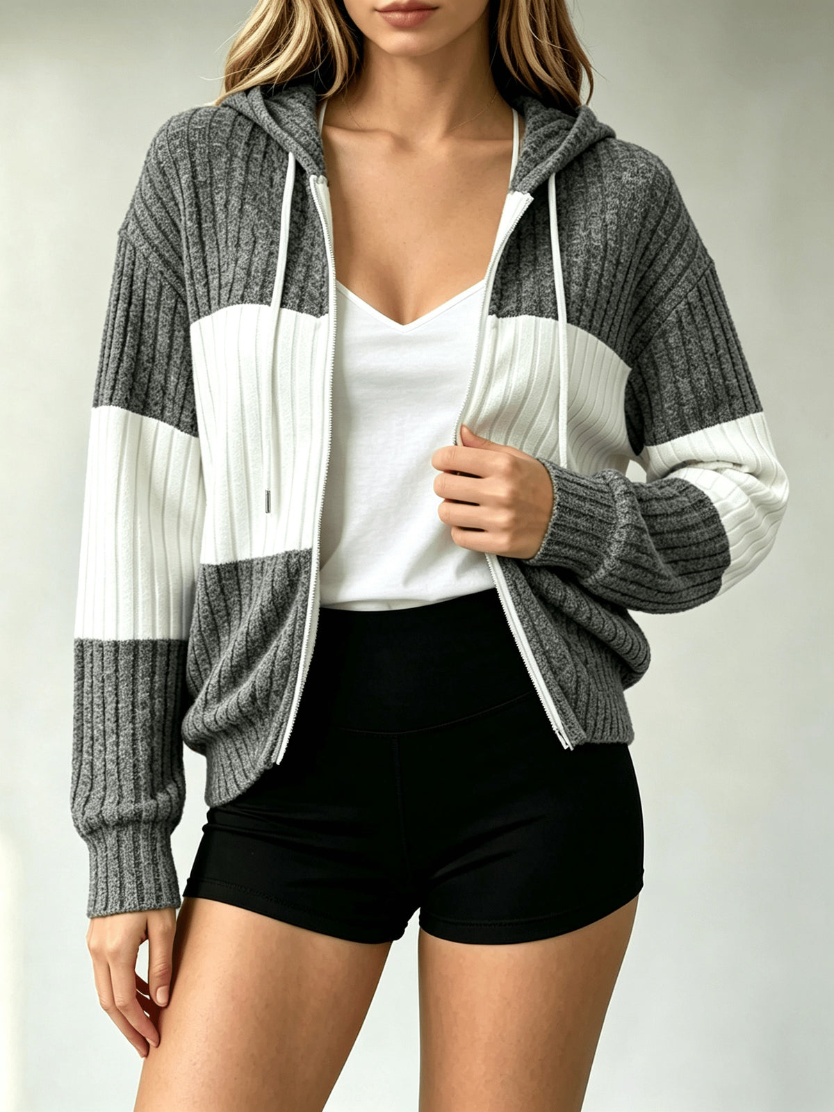 Color Block Hooded Cardigan Lightweight Loose Fit Long Casual Women Spring Fall Layering Jacket Coat