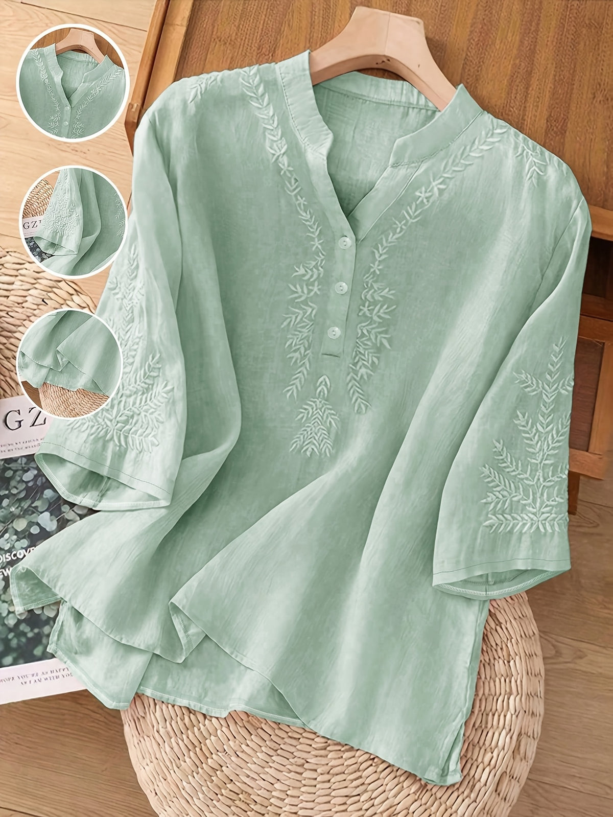 Solid Color Embroidered Loose Top Women Casual Flowy Lightweight Spring Summer Everyday Blouse Shirt for Women