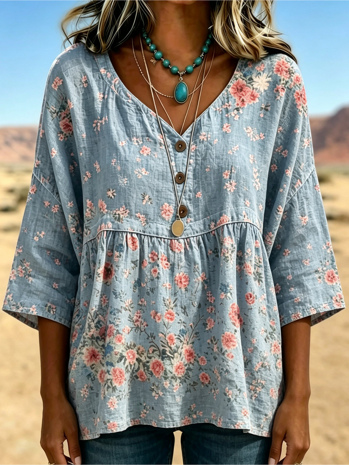Ditsy Floral Babydoll Blouse Women 3/4 Sleeve V-Neck Light Denim Blue Casual Flowy Spring Summer Top S-XXL