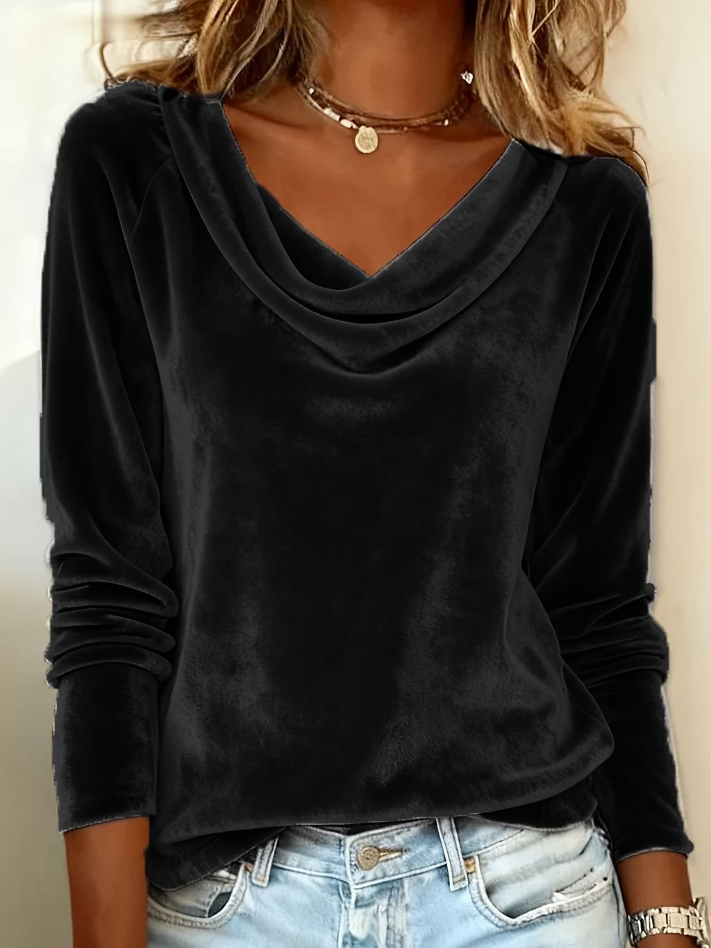 Velvet Swing Collar Long Sleeve Top Women Elegant Solid Color Stretchy Blouse Workplace Office Shirt Red Green Black Gold Fall Winter S-XXL