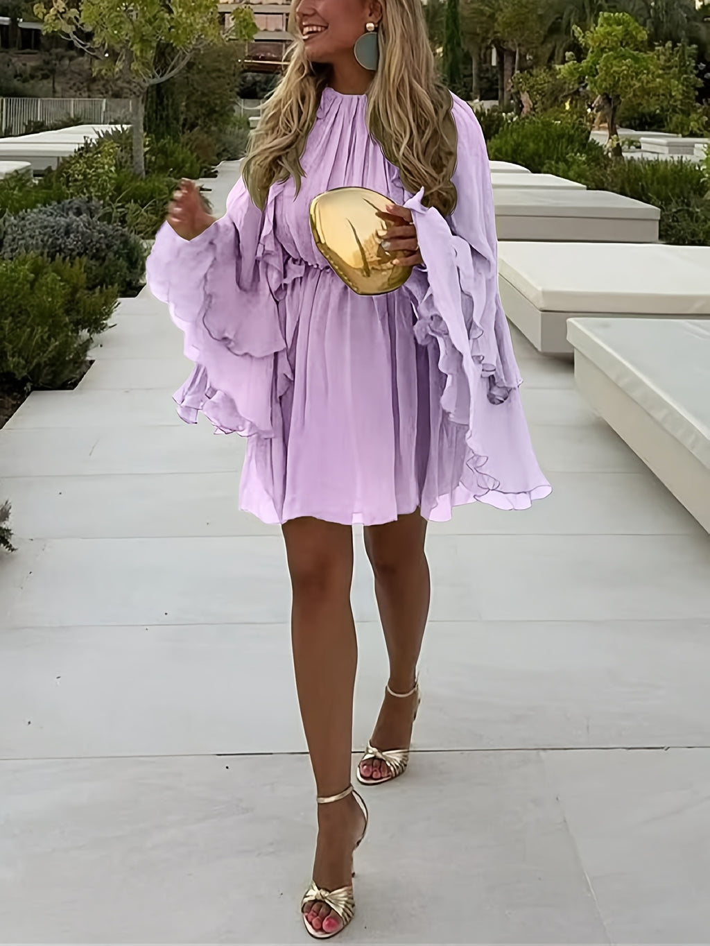Layered Ruffle Chiffon A-Line Dress Women Loose Flowy Semi-Sheer Casual Vacation Spring Summer Dress S-XXL