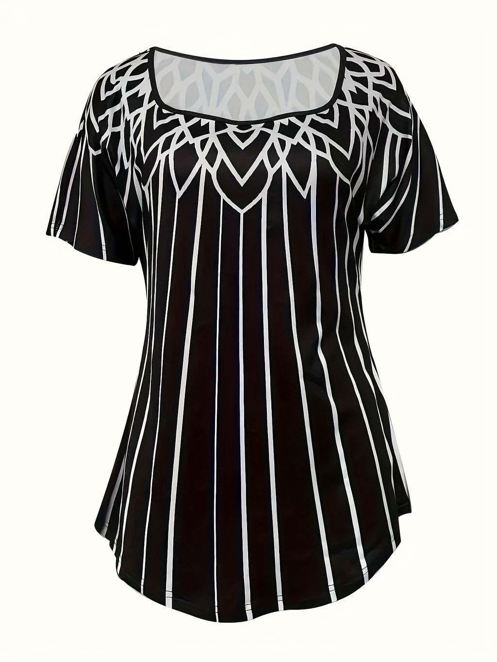 Striped Square Neck T-Shirt Women Short Sleeve Casual Summer Top | Printed Knit Tee Lightweight Stretch Everyday Wear S-XXL