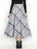Wool Plaid Maxi Skirt Women A-Line Pleated Elastic Waist Fall Winter Long Skirt Grey M-XXL