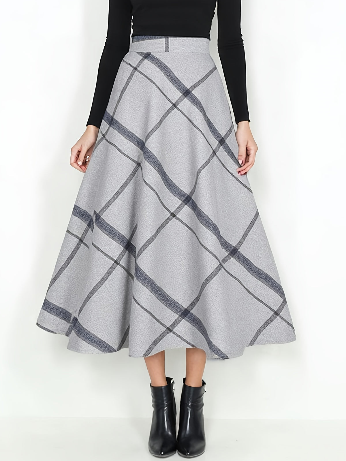 Wool Plaid Maxi Skirt Women A-Line Pleated Elastic Waist Fall Winter Long Skirt Grey M-XXL