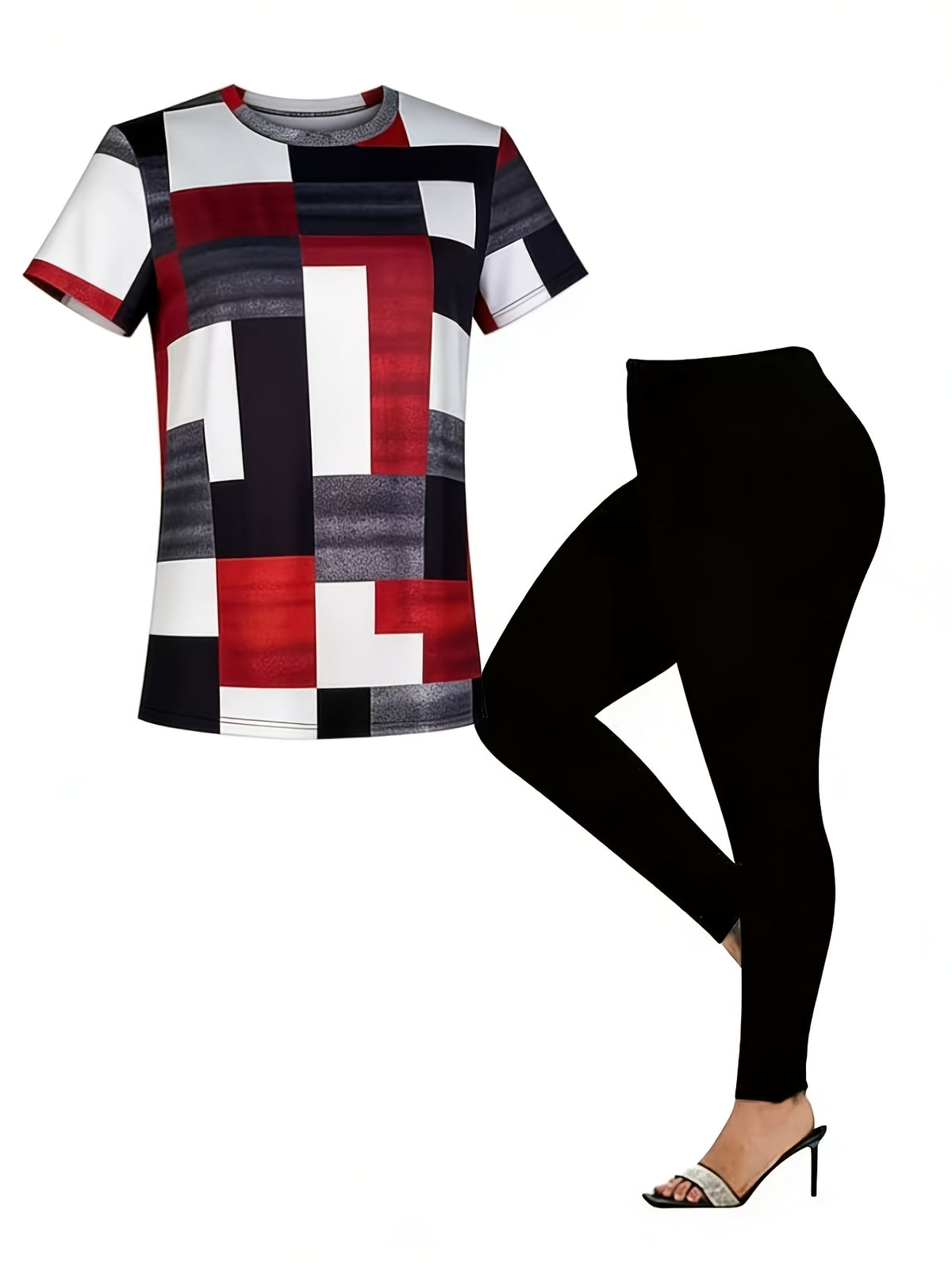 Plaid Print Short Sleeve Top and Slim Trousers Set Women 2pcs Side Slit Casual Spring Autumn Outfit S-XL