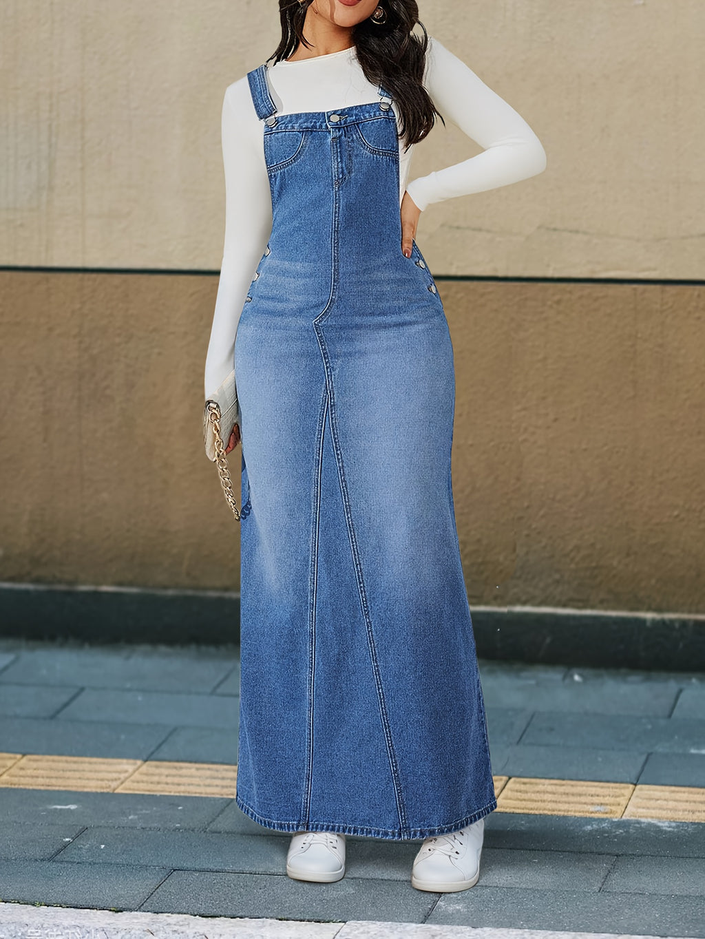 Women's Denim Maxi Dress Loose Fit Detachable Strap Button Closure Casual Chic Long Dress Spring Summer Fall