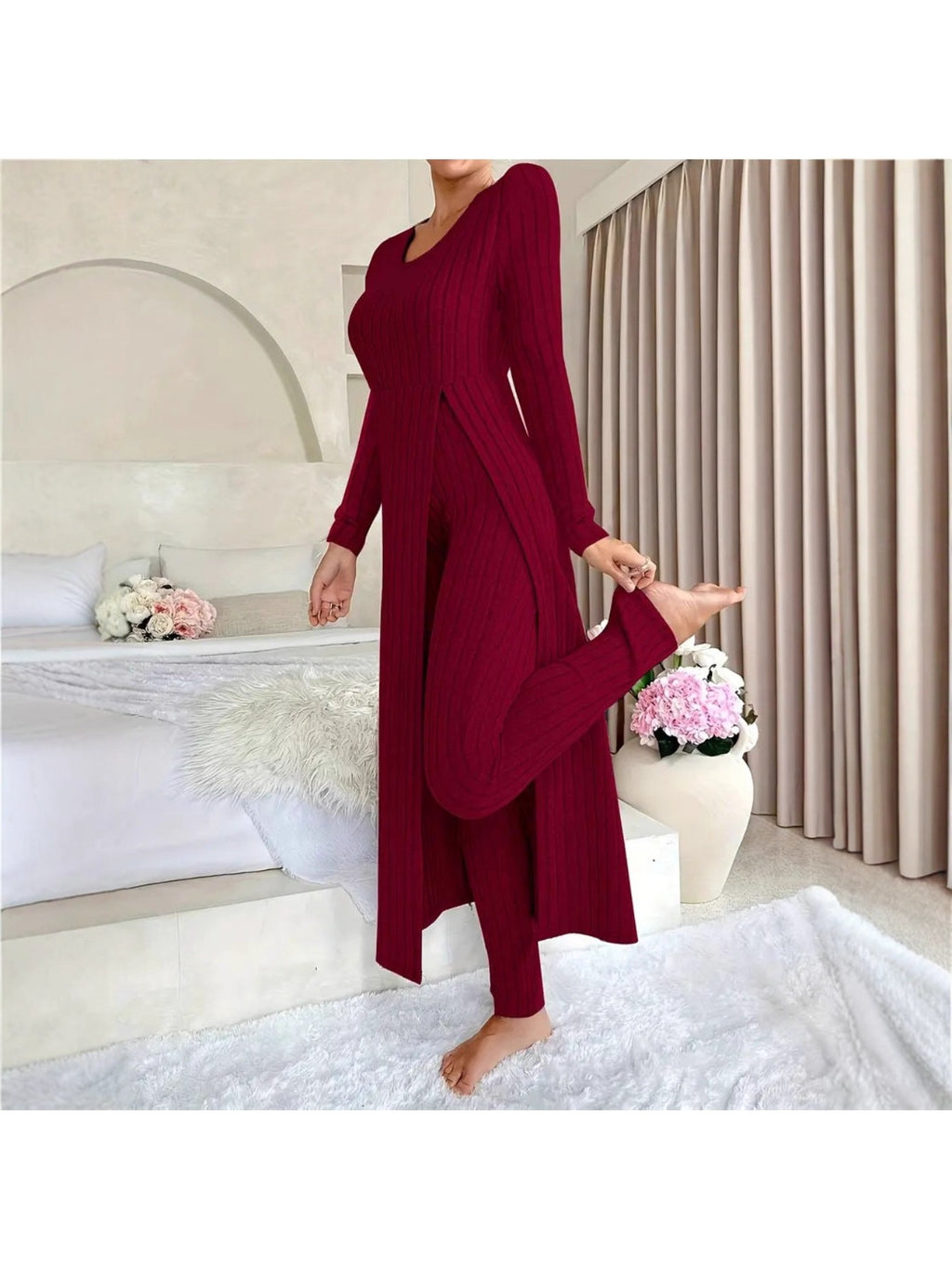 Heavyweight Fleece Lounge Set Women Oversized Long Sleeve Wide-Leg Pants Cozy Winter Two-Piece Ribbed Minimalist S-XL