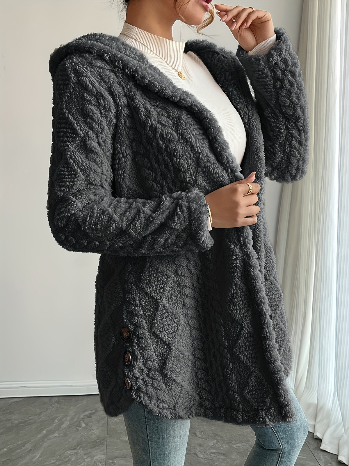 Hooded Fuzzy Coat Women Mid-Length Jacket with Buttons Soft Warm Fleece Fall Winter Outerwear 5 Colors S-XXL