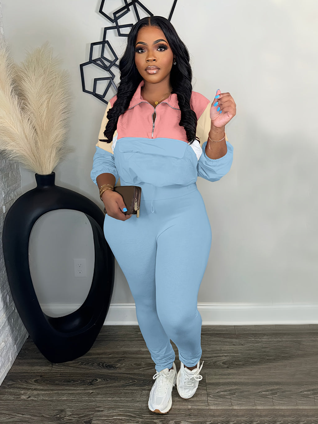 Lapel Crew Neck Sweatsuit Set for Women – Half-Zip Long Sleeve Sweatshirt & Sweatpants 2-Piece Casual Outfit, Solid Color Fall Winter Loungewear