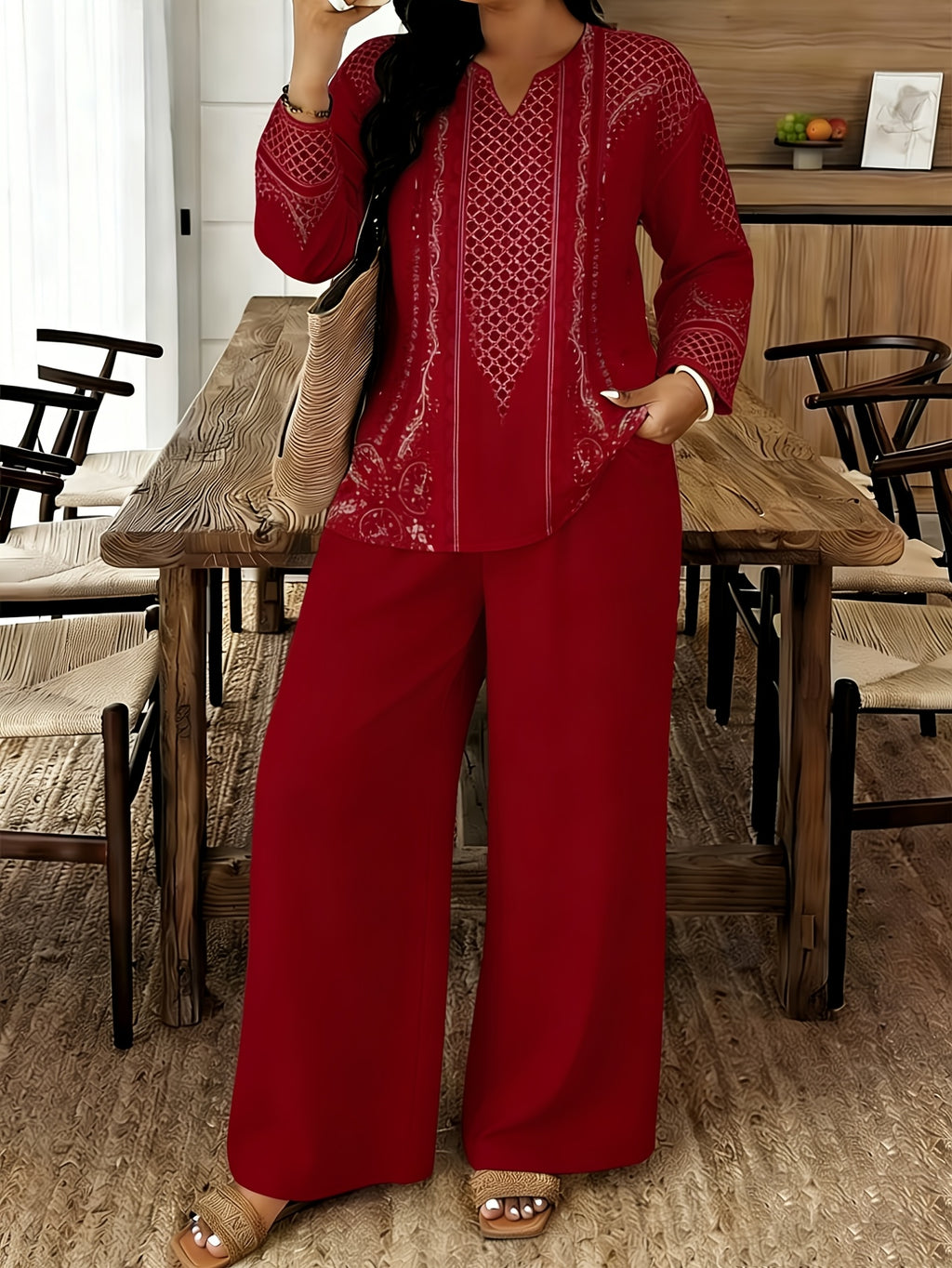 Women's 2-Piece Long Sleeve Printed Pants Set V-Neck Top Spring Summer Elegant Casual Outfit S-XXL