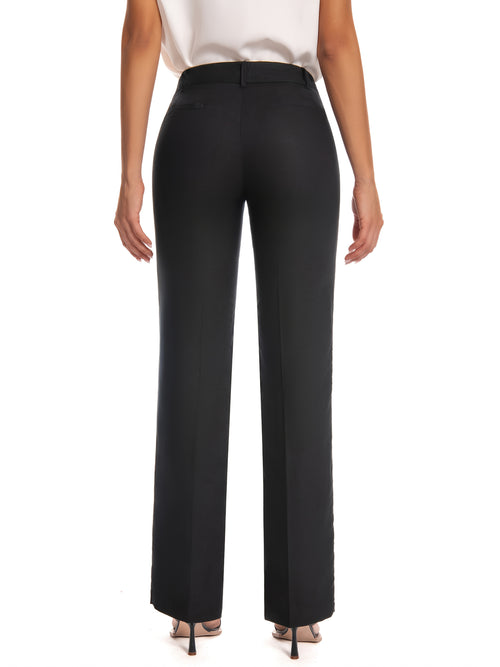 Black High Waist Straight Leg Pants for Women – Stretch Work Trousers with Pockets, Zipper Fly, Cropped Office Casual Travel Daily Wear, Polished Slim Silhouette All Season
