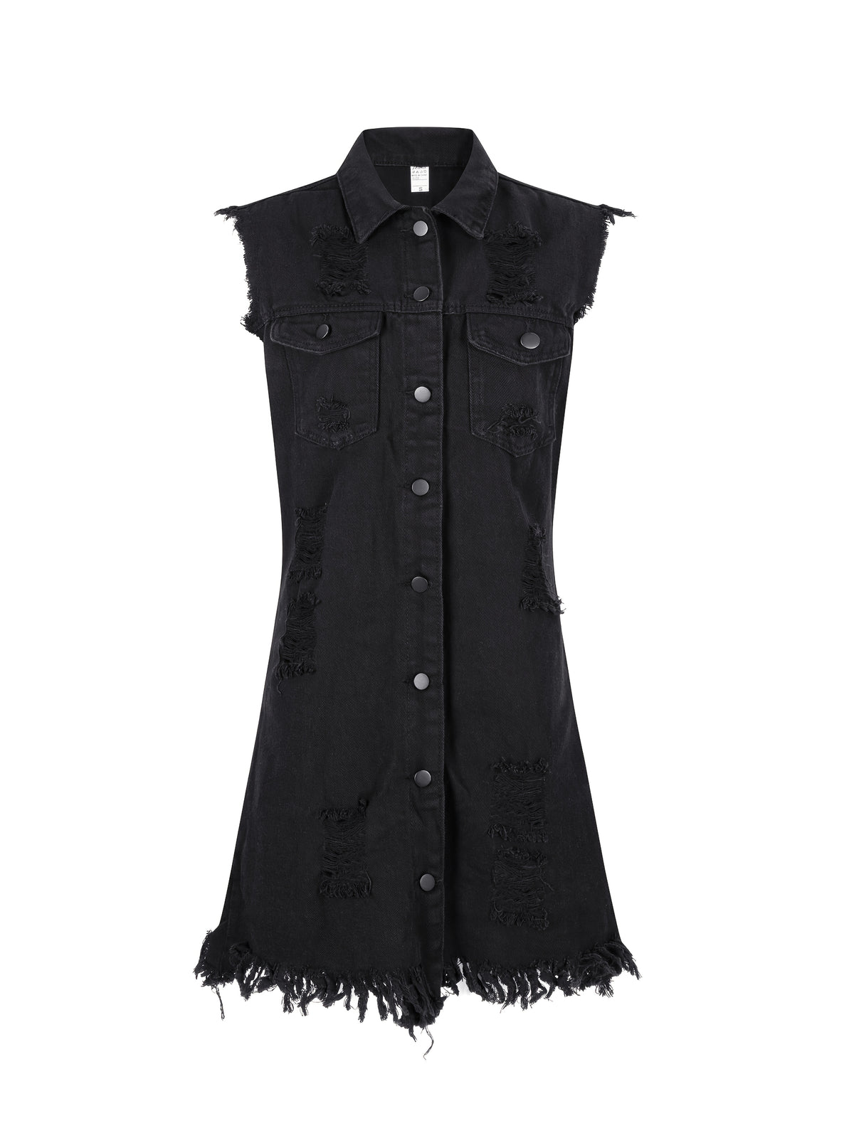 Sleeveless Long Denim Vest Jacket Women Button Closure Lapel Collar Midi Length Raw Hem Street Style Fall Winter Blue Black White S-XXL