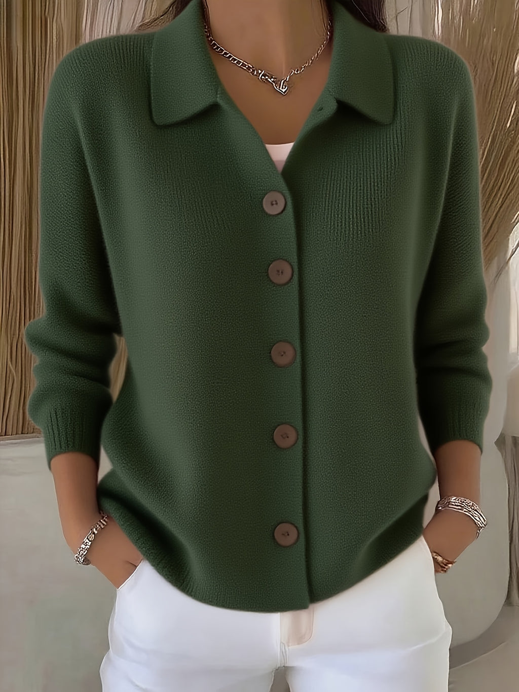 Button Lapel Knit Cardigan for Women – Solid Color Casual Knitwear Sweater, Elegant Layering Cardigan for Autumn & Winter Everyday Wear
