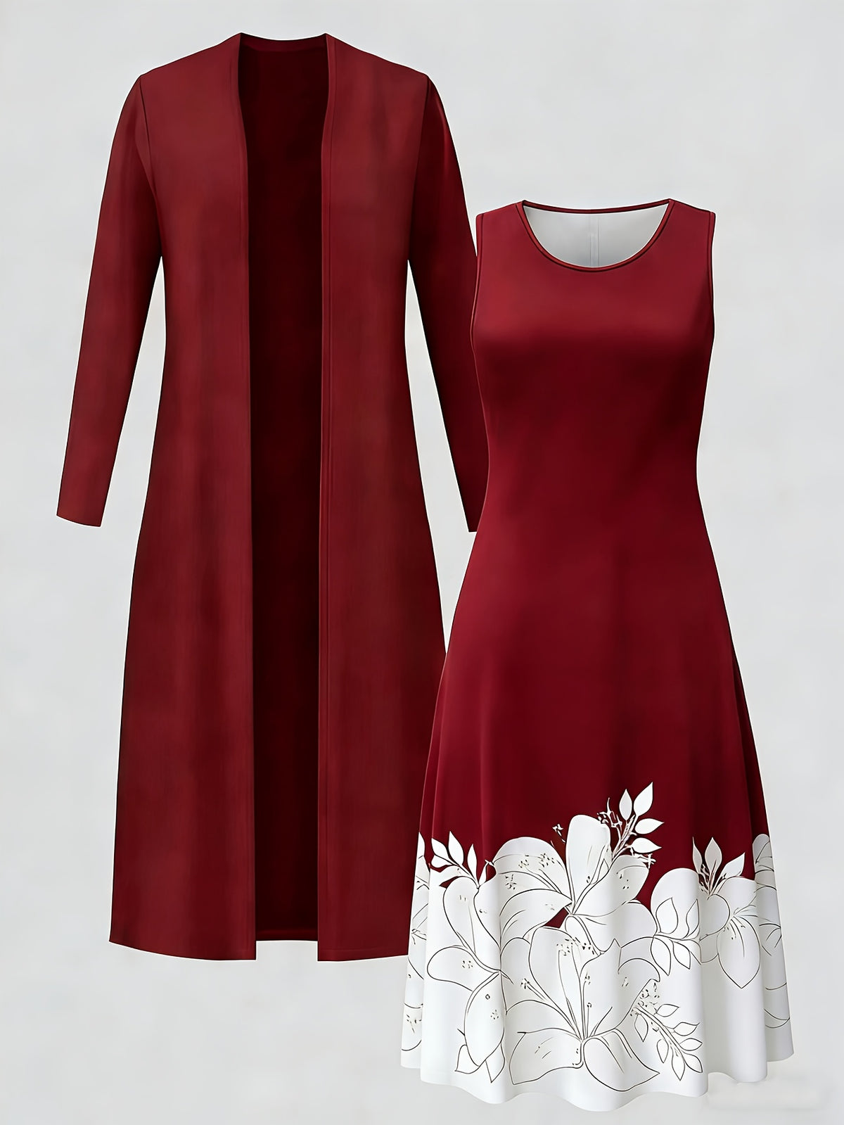 Floral Print Cardigan & Vest Dress 2-Piece Set for Women – Long Sleeve Jacket with Waist-Cinching Long Skirt Dress, Elegant Street Fashion Outfit