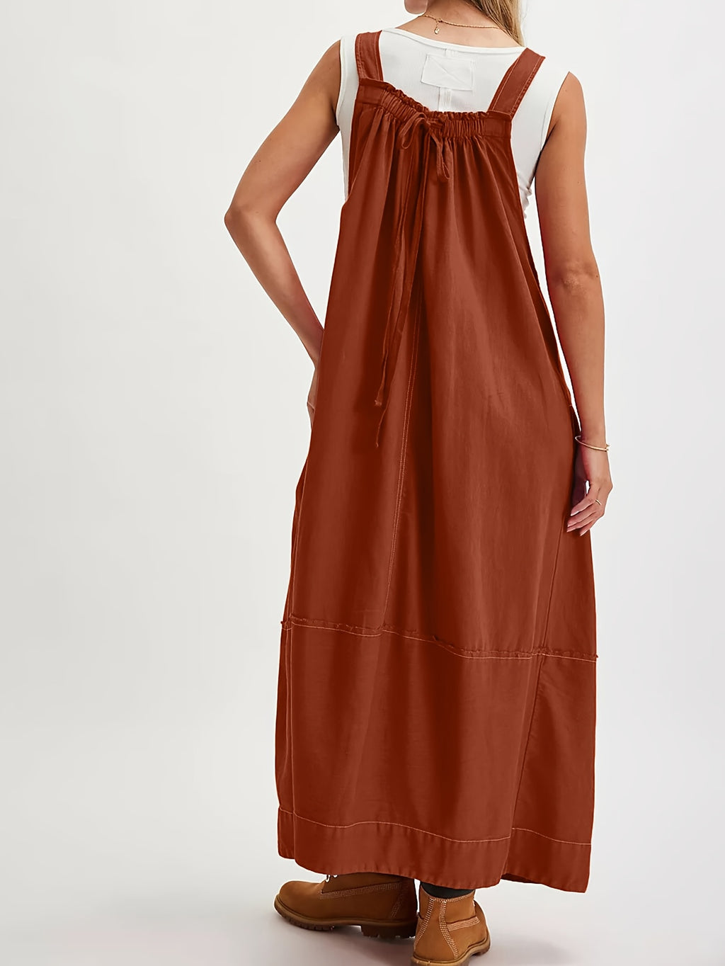 Overall Dress Women Loose Adjustable Strap Midi Length Big Pockets Workwear Casual Bib Jumper Dress Spring Summer S M L XL XXL