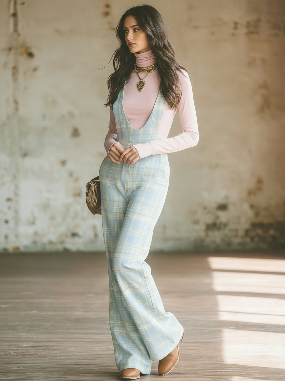 Plaid Wide Leg Jumpsuit Women Deep V Sleeveless Retro Tartan Overalls Pockets Boho Casual Fall Winter Daily Weekend