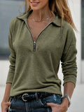 Zip-Up V-Neck Long Sleeve Blouse for Women – Solid Color Casual Fashion Top in Woven Polyester, Comfortable Spring Fall Everyday Shirt