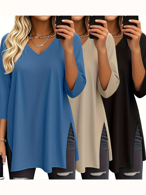 3/4 Sleeve V-Neck Side Slit Top Women Loose Casual Solid Color 2 Colors S-XXL