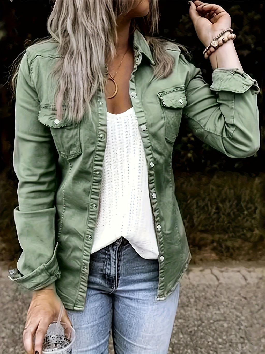 Denim Shirt Women Long Sleeve Button-Up Retro Vintage Style Flap Pocket Solid Color Casual Overshirt Spring Fall Top