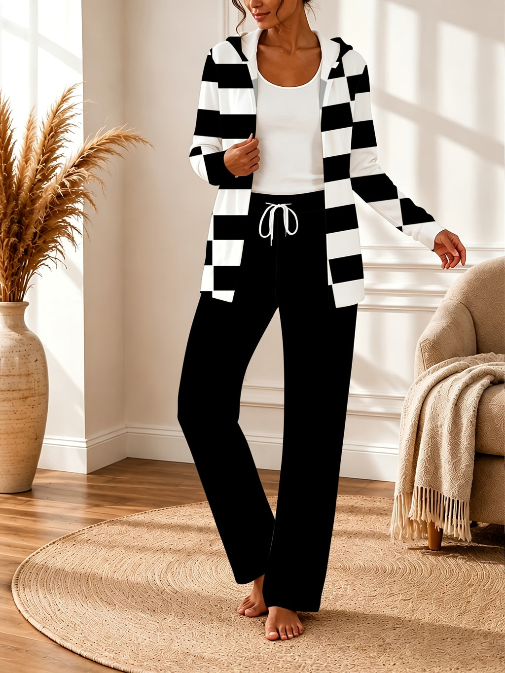 Color Block Hooded Cardigan Wide Leg Pants Lounge Set Women Casual Home Weekend Tracksuit Outfit S-XXL