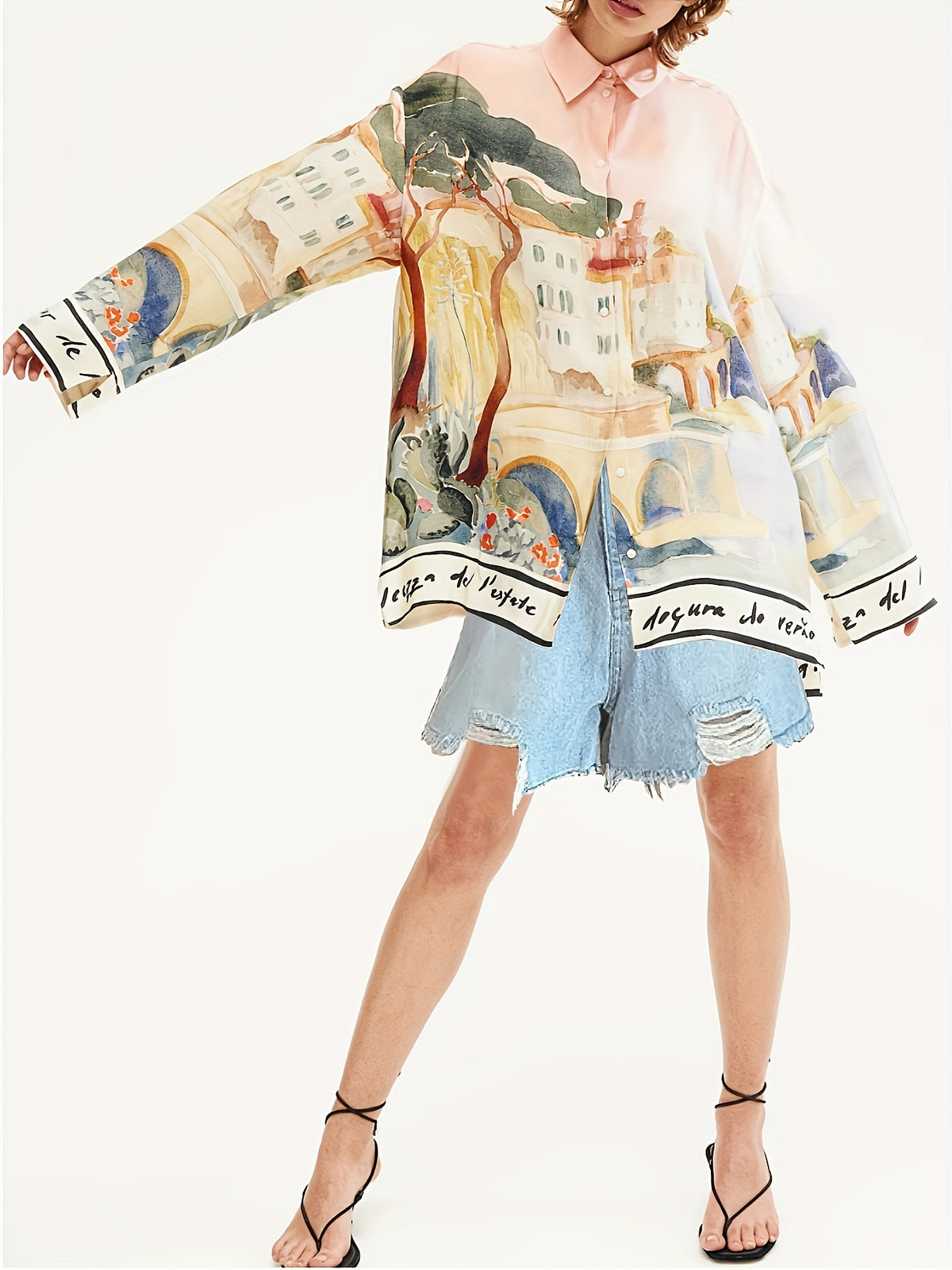 Printed Shirt Women Flap Collar Long Sleeve Beach Vacation Top Casual Summer Fashionable